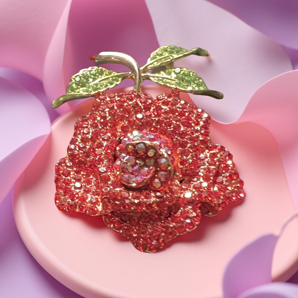 B029  Sparkling Pink Rose Brooch Crystal Floral Pin Gold Leaf Feminine Glam